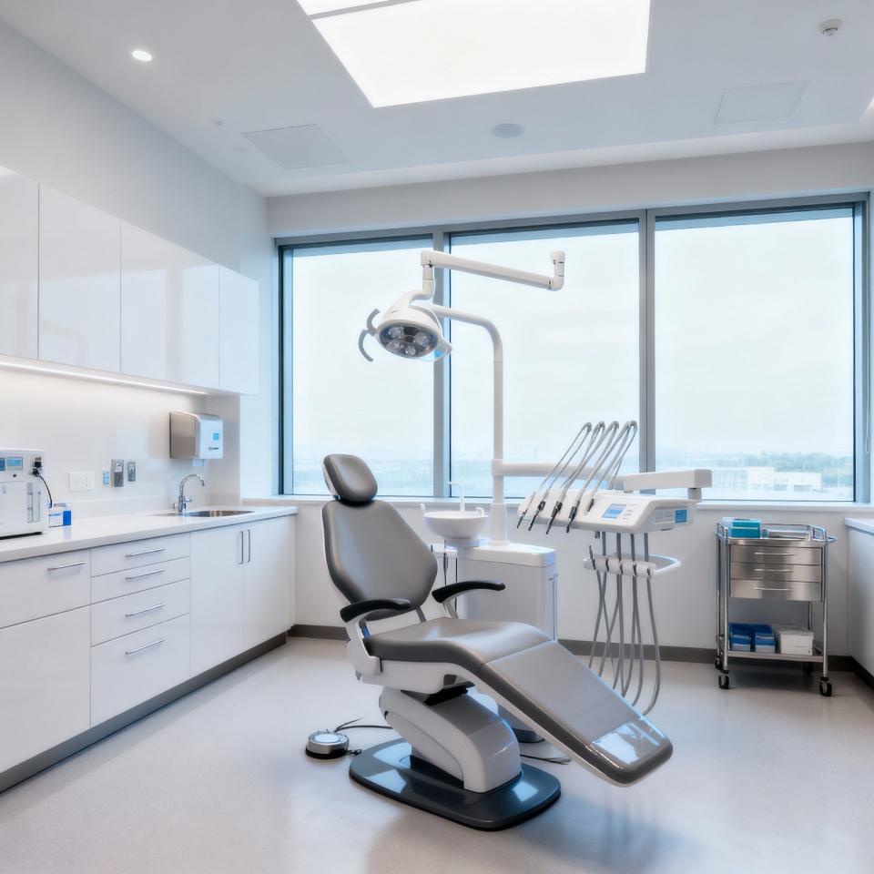 A modern dental examination room with a patient chair, overhead lamp, and countertop workspace.