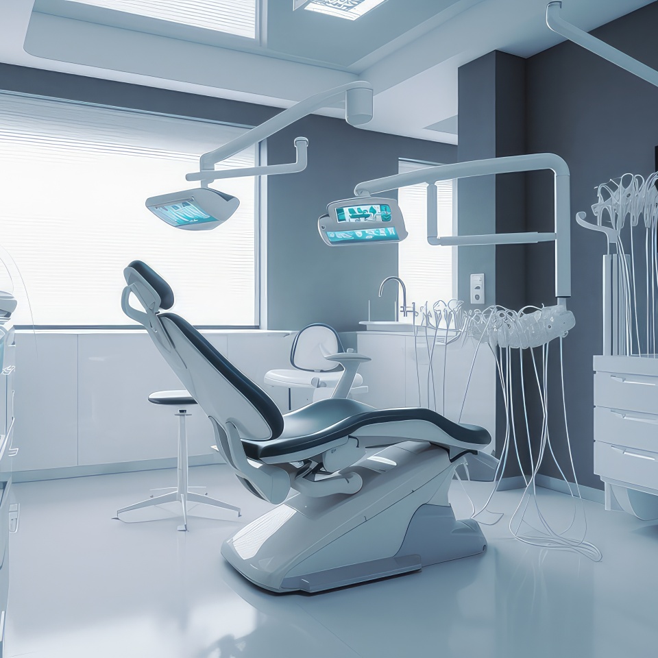 Modern dental examination room featuring a patient chair, overhead lighting, and attached dental tools.
